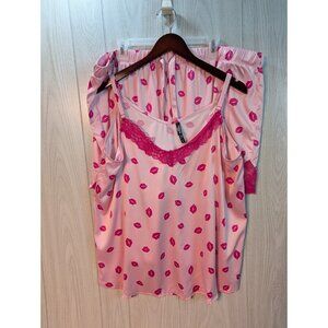 Torrid Dream Satin Lace Trim Lips Sleep Cami Shorts Pajama Set Pink Sz 2/3